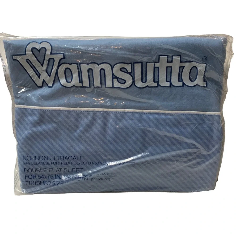 Vintage Wamsutta No Iron Ultracale Blue Stripe Full Flat Sheet Made USA NOS NEW